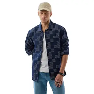 Snitch Mens Navy Casual Full Sleeve Collared Cotton Poly Blend Straight Hem Double Pocket Geometric Regular Fit Shirt