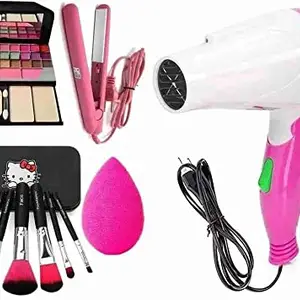 RCCD TYA 6155 Multicolour Makeup Kit and 12H Smudgeproof Kajal Pencil, 7 Pcs Black Makeup Brushes Set, Pink Beauty Blender, Hair Styling Hair Straightener with Hair Dryer - (Pack of 12)