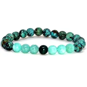 Lady Works Natural African Turquoise, Amazonite & Malachite 8mm Round Shape Smooth Cut Beads 7 Inch Stretchable Bracelet For Men & Women. Unisex Bracelet For Healing, Meditation & Luck|LW_BRST_00218_7.0