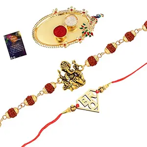 Rakhi Rudraksh Rakhi With Stylish" BRO" With Roli Chawal And Greeting Card 1 Kankawati Pooja Thali -1203