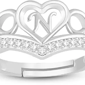 Lila Valentine Ring Heart Alphabet 'N' Promise Propose Engagement Wedding Anniversary Brass, Stainless Steel, Copper, Alloy Cubic Zirconia Ring (BZR_HC370CrwnRsePckSlvr(N) AlphbtRng(M01))