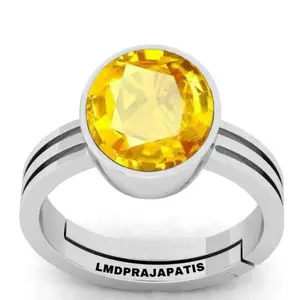 LMDPRAJAPATIS 5.25 Ratti 4.00 Carat Unheated and Untreated AA++ Quality Natural Yellow Sapphire Stone Silver Plated Adjustable Ring for Men And Women's