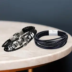 Jewelgenics Men Set Of 2 Leather Multistrand Bracelet Combo