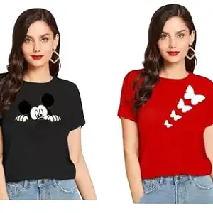 Women's Stylish Trendy Mickey and Butterfly Printed 100% Cotton T-Shirt Combos for Women & Girls (Pack of 2) Multicolor Colored (UG-598-S)