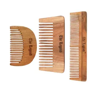 The Legend Organic Pure Neem Wood neem comb with normal comb, beard comb mini and Wide teeth, Pack of 3