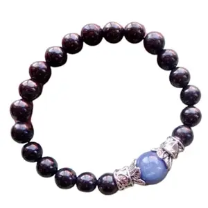 RRJEWELZ Unisex Bracelet 8-10mm Natural Gemstone Garnet With Kynite Round shape Smooth cut beads 7 inch stretchable bracelet for men & women. | STBR_03379
