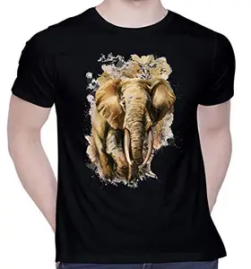 CreativiT Graphic Printed T-Shirt for Unisex African Elephant Tshirt | Casual Half Sleeve Round Neck T-Shirt | 100% Cotton | D00503-32_Black_Large