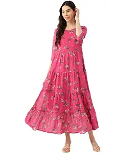 Deewa Georgette Casual Floral Printed Dress for Women (Small, Pink) - DWD902-S