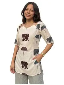 ANNI Designer Women’s Viscose Blend Printed Short Kurti | Straight Fit Casual Ethnic Top | Square Neck 3/4 Sleeve Kurta Office College