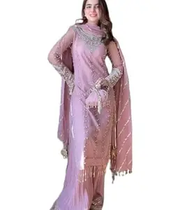 Quick buy hub Women Heavy Faux Georgette Full Sleeves Round Neck Straight Kurti Featuring Unique Pearl and Sequence Embroidery With Sharara And Dupatta 3 Piece Ethnic Wear