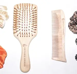 Shyanu Herbs wooden Bamboo brush and Neem comb for Women & Men | Anti-Frizz, Hair Growth, Scalp Massage, Detangling Brush for Curly, Thick, Long Hair | Eco-Friendly & Plastic-Free (With Free Scrunchies)