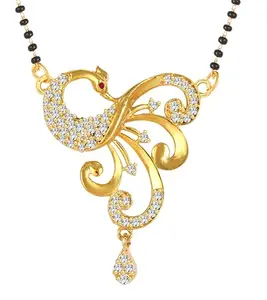 MEENAZ American Diamond Mangalsutra for women stylish Peacock vati wati 1gm gold mangal sutra short AD CZ Pendant Necklace design jewellery for women nallapusalu one gram 18 inch black beads chain -77