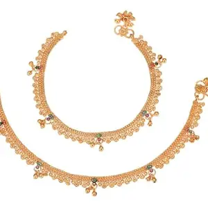 WomenSky Silver Plated & Brass Stylish Thin Size Anklets Payal Ghungroo for Women & Girls (Yellow Gold)