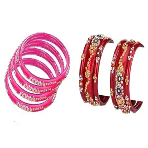 Somil Modern And Colorful Glass Bangle/Kada- Perfect For Wedding, Party, Celebrations And Functions, Combo Of 2 Set, Pack Of 10, Pink, Red -W267