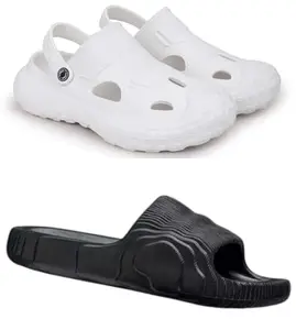 Pampy Angel Combo Pack of 2 Slipper/Flip Flops/Slides/Clogs/Sandals for Men,(Cl-1200-White,Addi-M-Black),6 (UK/India)