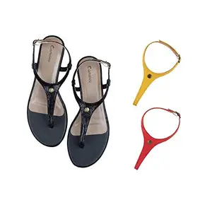 Cameleo -changes with You! Women's Plural T-Strap Slingback Flat Sandals | 3-in-1 Interchangeable Leather Strap Set | Black-Yellow-Red