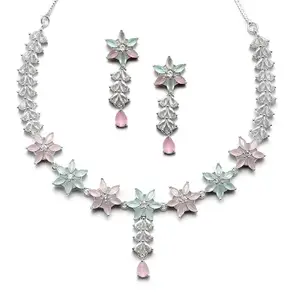 ZENEME Rhodium-Plated Silver Toned Star Shaped American Diamond Studded Necklace Earrings Jewellery Set for Girls and Women (Lime Green & Pink_Design_01)