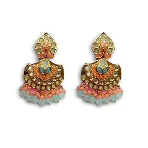 AccessHer Gold Tone Kundan Earrings for Women | Green-Pink Stone Studded Leaf Design | Lightweight & Stylish Traditional for Women & Girls