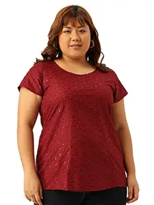 theRebelinme Plus Size Women's Red Solid Color Embroidered Top(XL)