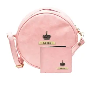 YOUR GIFT STUDIO : Classy Leather Customized Chained Sling Bag Round + Men's Wallet Peach Light Pink