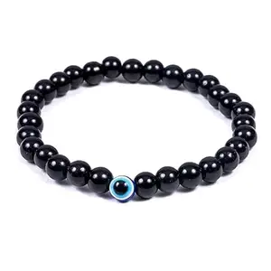 Black Tourmaline Bracelet, 6 mm Beads, Evil Eye Charm, Healing Gemstone