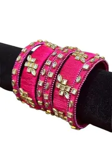 Designer Silk Thread Bangles Set for Women | Pink Bangles with Kundan Stones – Traditional Bridal & Festive Wear Jewelry (2.8 inch)