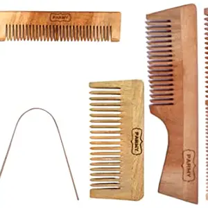 PARMY Neem Wooden Comb with bamboo wood Tooth Brush & tongue cleaner | REFRESHING SET | Kangi hair comb set with Tooth brush for women | comb with toothbrush & tongue cleaner (Pack of 4)