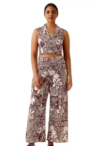 Women's Floral Print Two-Piece Set, Sleeveless Crop Top and Wide-Leg Trousers, Brown and White (Brown, M)