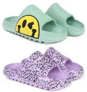 Pampy Angel Combo Pack of 2 Slipper/Flip Flops/Slides for Women,(T-Eyes-Green,YW-Love-Purple),38 (Euro)