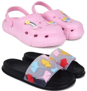 Pampy Angel Combo Pack of 2 Slipper/Flip Flops/Slides/Clogs/Sandals with Adjustable Back Strap for Women,(WCL-Ranbo-Pink,Gobi-Black),37 (Euro)
