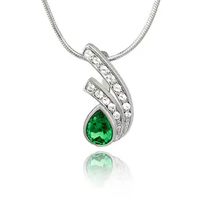 Mahi Rhodium Plated Green Drop Peacock Feather Pendant Made with Swarovski Elements for Women PS1194106RGre