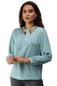 SHOWOFF Women's Tie-Up Neck Embellished Turqoise Blue Regular Top_AN-14_TURQOISEBLUE_M