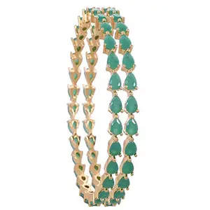 Ratnavali Jewels American Diamond Studded Gold Plated Traditional Emerald Green Pear Shape CZ/Diamond Bangles for Women/Girls RV2648G (2.110)