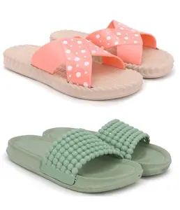 Pampy Angel Combo Pack of 2 Slipper/Flip Flops/Slides/Clogs/Sandals for Women,(Jute-Peach,Moti-Green),39 (Euro)