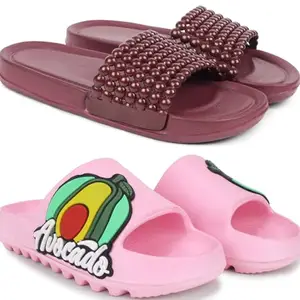 Pampy Angel Combo Pack of 2 Slipper/Flip Flops/Slides/Clogs/Sandals with Adjustable Back Strap for Women,(Moti-Maroon,T-Acado-Pink),38 (Euro)