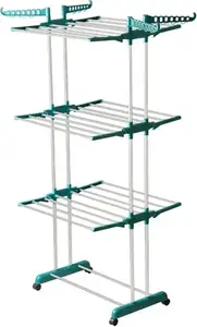CoolZONE Heavy Duty Stainless Steel Clothes Drying Stand for Home | 4 Tier Foldable Laundry Rack with Wheels | Cloth Dryer Stand for Balcony, Indoor & Outdoor | Space Saver Hanger for Clothes