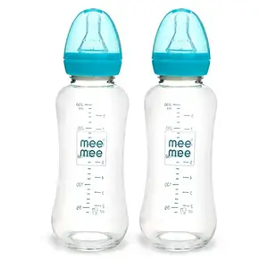 Mee Mee Premium Glass Feeding Bottle with Eazy-Flow Technology, Anti-Colic Valve,Anti Slip,BPA-Free Baby Feeding Bottle for Babies & Toddlers(Blue, 240Ml,Pack of 2)