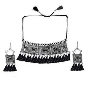MANODHRUVA German Silver Oxidised Afghani Style Meenakari Touch Tassel with Cotton Threads Choker Necklace Set with Earrings Jewellery Set for Women & Girls (Black)