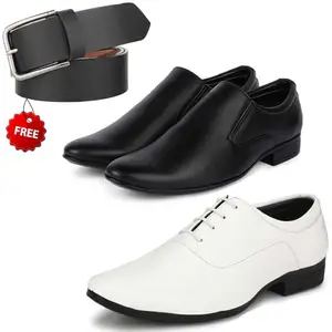 Fashionable Trendy Formal Shoes/Party Shoes/ 2 Shoes Combo with Free Belt for Men and Boys (BAZAAR7989_VTR-401-Blk) Multicolor