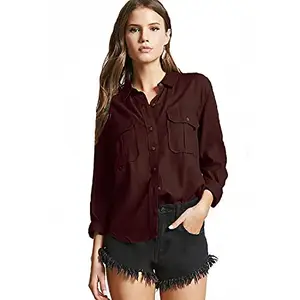 C.Cozami Women's Regular Fit Double Pocket Casual Shirt (Coffee, Small)