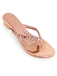V-WALK Slip-On Low-Heel Sandals for Women | Festive-Occasion, Party, Evening, Ethnic, Shopping, Outdoor Sandals for Women | Heel Height: 1.5 Inch | Champagne