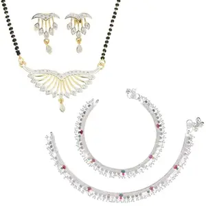AanyaCentric Jewellery Set of Silver Plated Anklet and Gold Plated Mangalsutra Pendant Earring