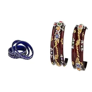 Somil Modern And Colorful Glass Bangle/Kada- Perfect For Wedding, Party, Celebrations And Functions, Combo Of 2 Set, Pack Of 10, Blue, Maroon -W34