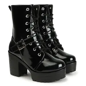 STRASSE PARIS Bold and Breezy Black Patent Ankle Length Lace Up Heeled Boots for Women & Girls,3