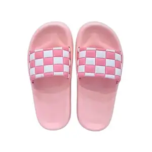 slipper for women| Checkerboard Slipper for ladies|Casual open-toe slippers| Checkered slide sandals| Comfortable flat slippers for women (Pink& White)
