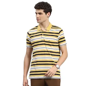 Monte Carlo Mens Yellow Striped Polo Neck Half Sleeve T-Shirt (224064104-1-46)