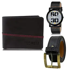 LOREM Mens Combo of Watch with Artificial Leather Wallet & Belt FZ-LR47-WL07-BL01