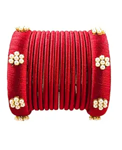 HABSA HABSA Hand Made Fancy Festival Silk Thread Bangles Plastic Bangle Set for Women (Dark Red) (Pack of 14) (Size-2/12)