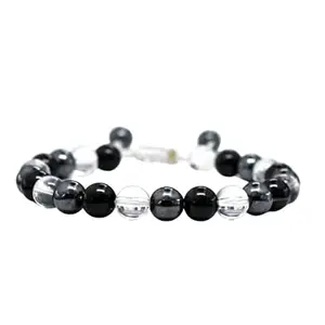 Lady Works Natural Hematite, Black Onyx & Crystal Quartz Threaded Bracelet 8mm Round Smooth Beads Hematite, Black Onyx & Crystal Quartz Adjustable Thread Bracelet. Unisex Macrame Yoga Bracelet.|LW_TDBR_1015