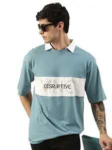Maniac Mens Printed Polo Neck Half Sleeve Denium Blue Cotton Oversized Fit (Drop Shoulder) T-Shirt